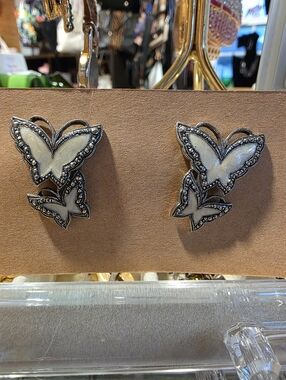 Butterfly Double Drop Earrings - Ivory and Silver Tone With Marcasite